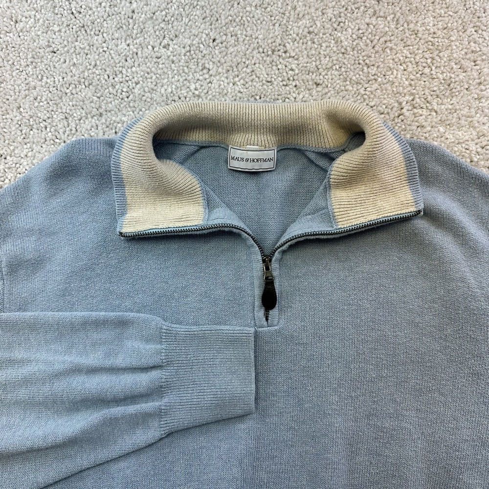 Maus & Hoffman Sweater Mens Medium Quarter Zip Mock Neck Pima Cotton Light Blue